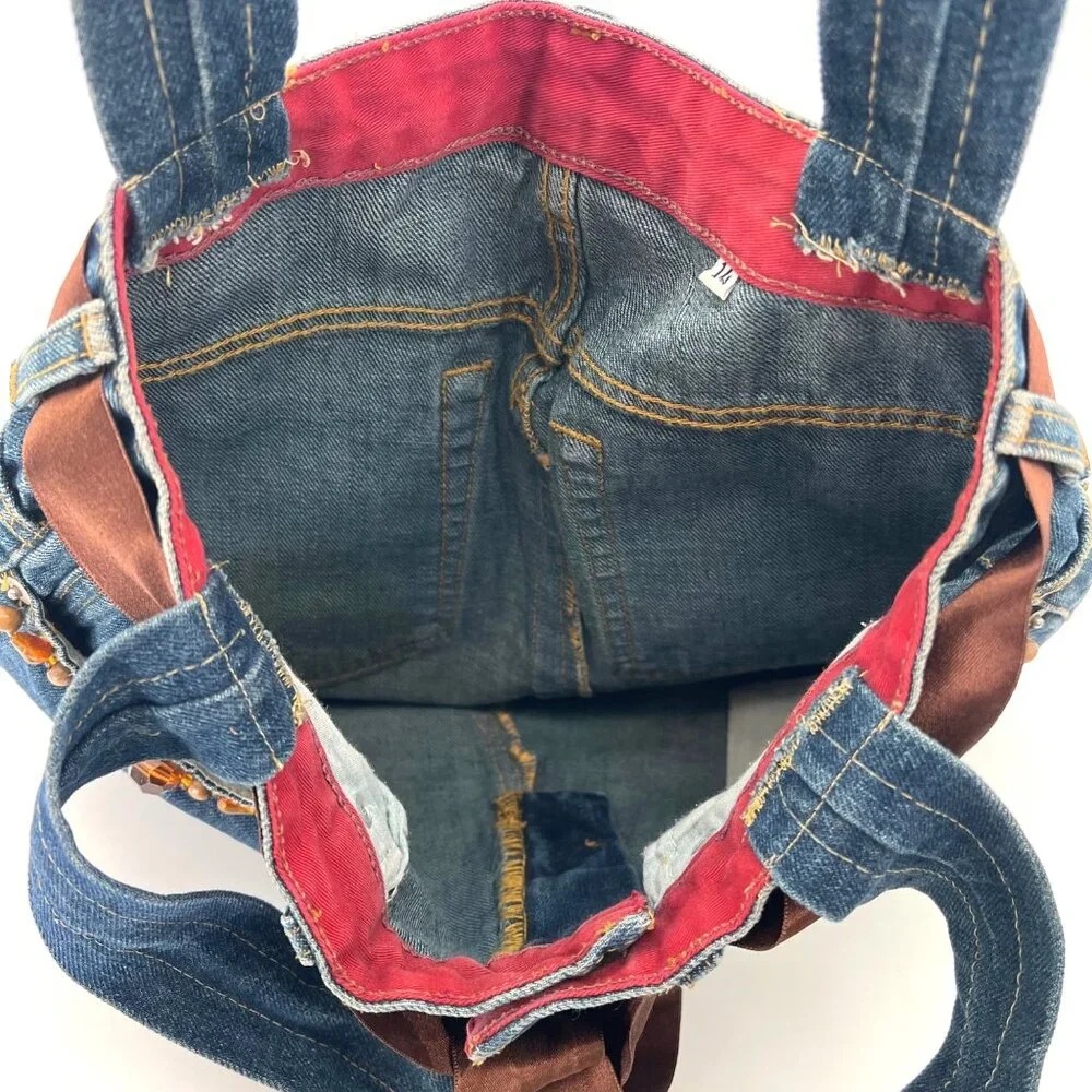 Upcycled Denim Handbag Purse Chic Beaded Pockets & Brown Ribbon FM Jeans Button - Picture 10 of 14
